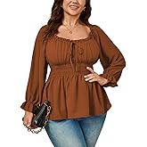 SHESTARR Womens Plus Size Tops Square Neck Long Sleeve Blouse Babydoll Ruffle Peplum Smocked Cute Top