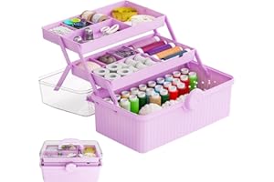 SuoXing 13'' Three-Layer Clear Plastic Storage Box/Tool Box, Multipurpose Organizer and Portable Handled Storage Case for Art Craft and Cosmetic (Purple)