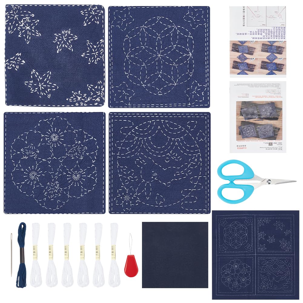 FREEBLOSS 4 Set Sashiko Coaster Kit Flower Sashiko Fabric Sashiko Kit Coaster Making Kit for Beignners Sashiko Thread and Needles Hand Sewing Kit for Adults