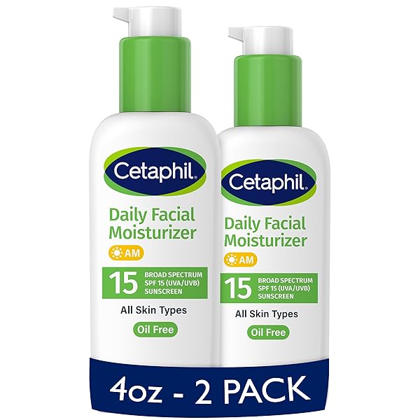 CETAPHIL DAILY FACIAL MOISTURIZER SPF 15, 4 FL OZ, GENTLE FACIAL MOISTURIZER FOR DRY TO NORMAL SKIN TYPES, NO ADDED FRAGRANCE, PACK OF 2, (PACKAGING MAY VARY)