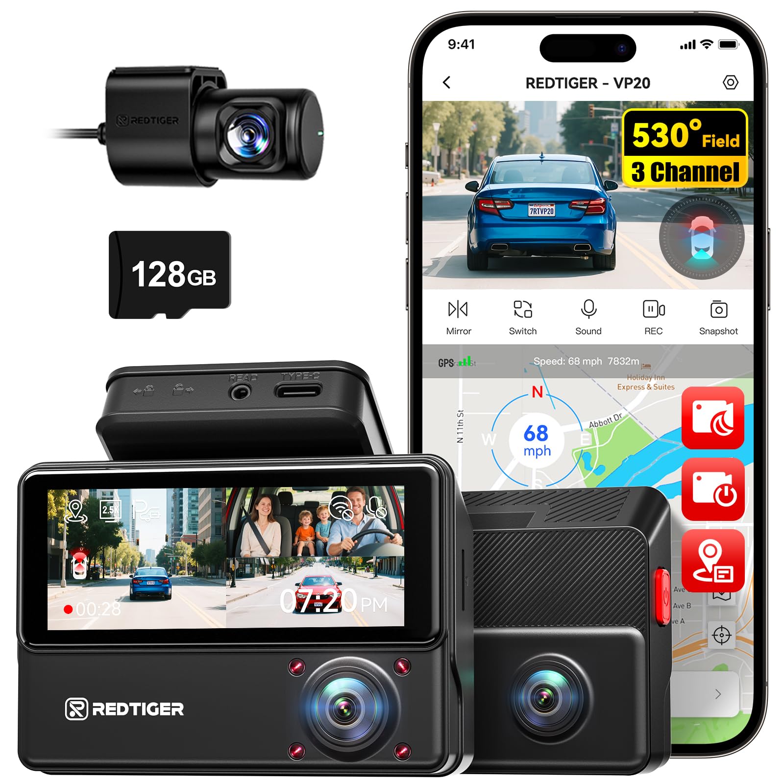 Photo 1 of REDTIGER 530° Dash Cam 3 Channel, 2.5K+2.5K+1080P Triple Car Camera with 128GB Card, IR Night Vision, Touch Screen, Dashcam for Front Inside Rear Included WiFi GPS, 24H Parking Mode