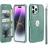 VANAVAGY Compatible for iPhone 14 Pro Wallet Case for Women Men, PU Leather Flip Cover with Wrist Strap for Wireless Charging with RFID Blocking Card Holder Screen Protector,Forest Green