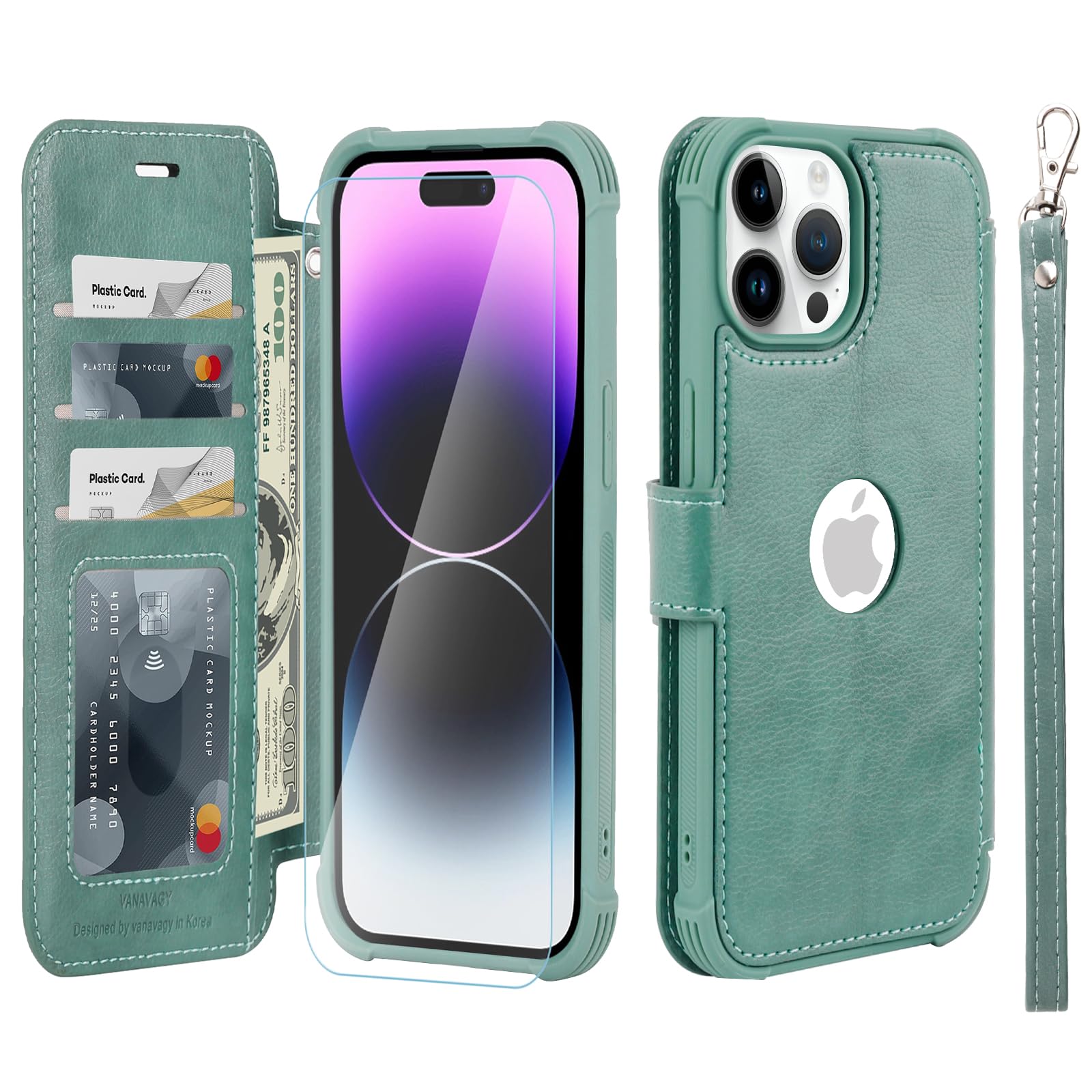 VANAVAGY Compatible for iPhone 14 Pro Max Wallet Case, 12ft Drop Protection, RFID Blocking PU Leather Flip Cover, Card Holder & Kickstand, Shockproof Phone Case for 14 Pro Max-6.7 Inch,Forest Green