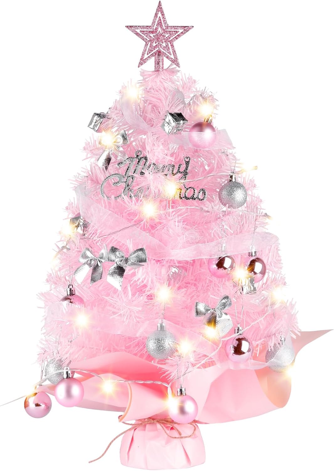 Trees - Tabletop Christmas Tree with Lights, Migaven 24inch/2ft Mini Christmas Tree with Star Led String Light for Home Desktop Xmas Tabletop Decoration Pink