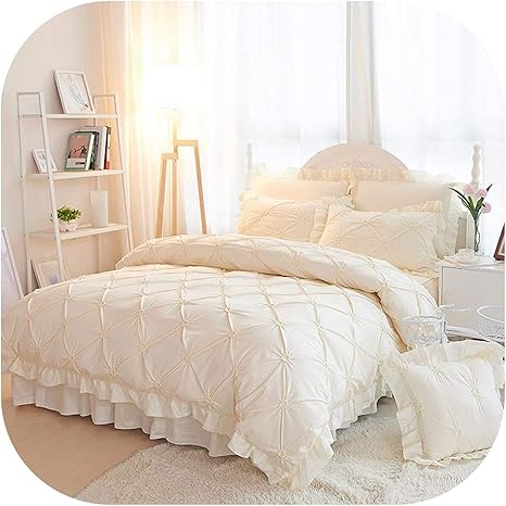 Amazon 4 6点 手作りキルト 羽毛布団カバー ウェディング コットン フリル ベッドスプレッド ベッドスカート ベッドウェア 寝具セット King Size 6 Pcs ベージュ Sb 122 寝具カバーセット オンライン通販