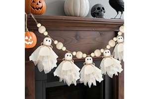 PEXTIAN 6.5Ft Halloween Ghost Garland with Wooden Beads, White Handmade Cute Ghost Decor, Vintage Farmhouse Halloween Banner Decorations Indoor for Wall, Mantle, Fireplace