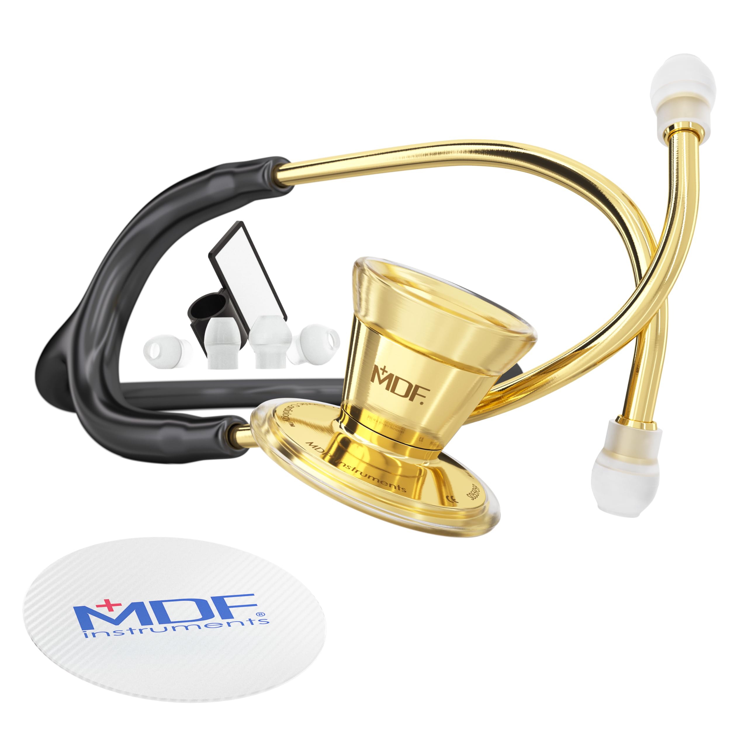 MDF ProCardial Cardiology Stethoscope, Stainless Steel, Adult, Dual Head, Free-Parts-for-Life, Black Tube, Gold Chestpiece-Headset, MDF797K11