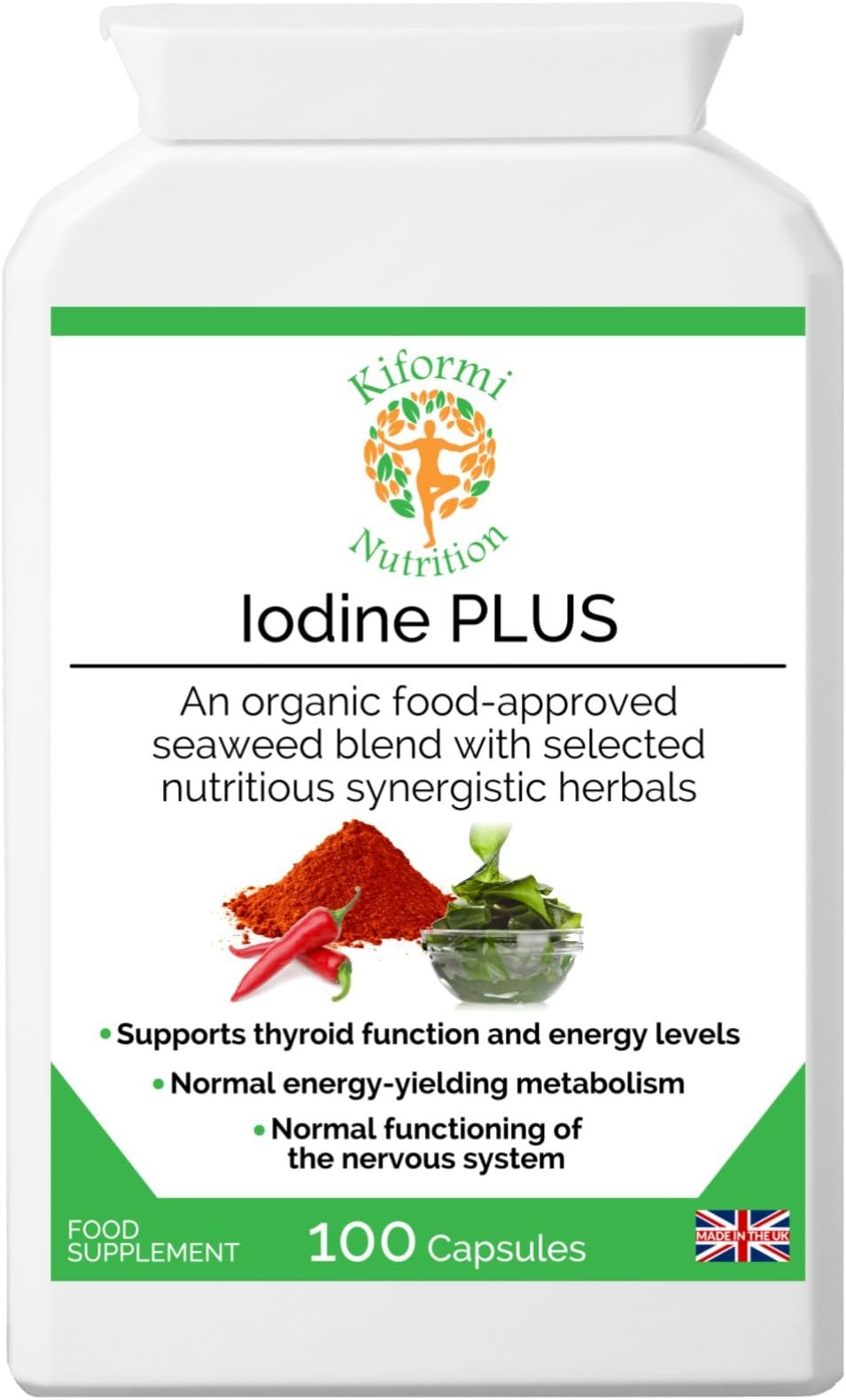 Iodine PLUS | Vegan and Vegetarian | Iodine Rich | Organic Seaweed, Vegetable and Herbal Blend | Supports Thyroid function, Nervous system, Energy Levels & Skin | 100 capsules | Made in the UK
