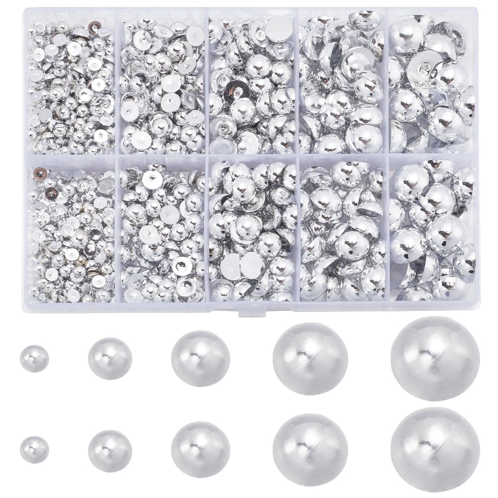 SUNNYCLUE 1 Box 70G 4~12mm Round Nail Beads Silver Flatback Pearls Nails ABS Plastic Multi Size Half Round Cabochons Makeup Flat Back Nail Bead Charms for Nails Art Design DIY Crafts Making Decoration