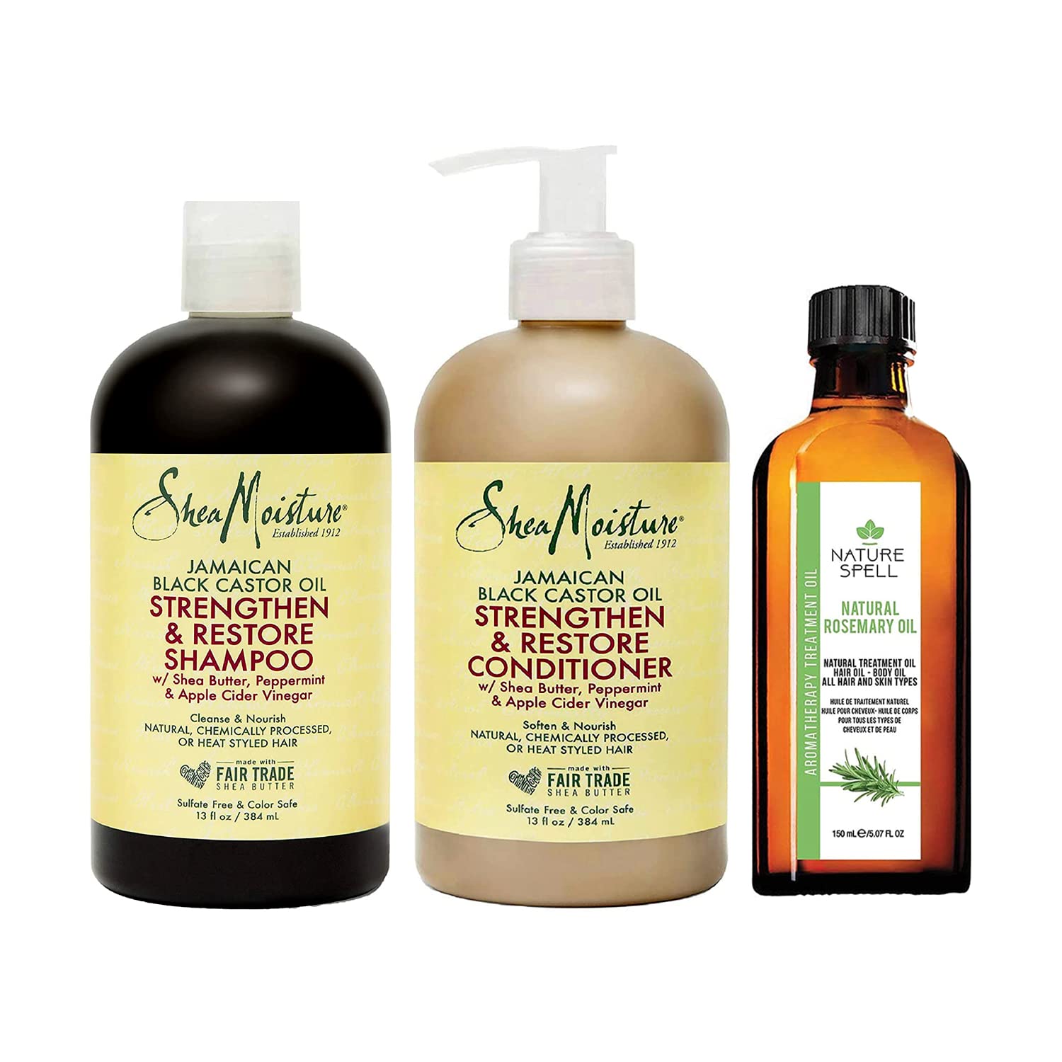 SHEA MOISTURE / Jamaican Black Castor Oil - Strengthen & Restore / Shampoo / Conditioner / Nature Spell - Rosemary Oil for Hair Growth / Deal (Pack of 1)