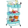 3-Tier Rolling Mobile Utility Cart with Hanging Cups & Hooks & Handle Multifunctional Organizer Storage Trolley Service Cart with Wheels Easy Assembly for Office, Bathroom, Kitchen (Blue)
