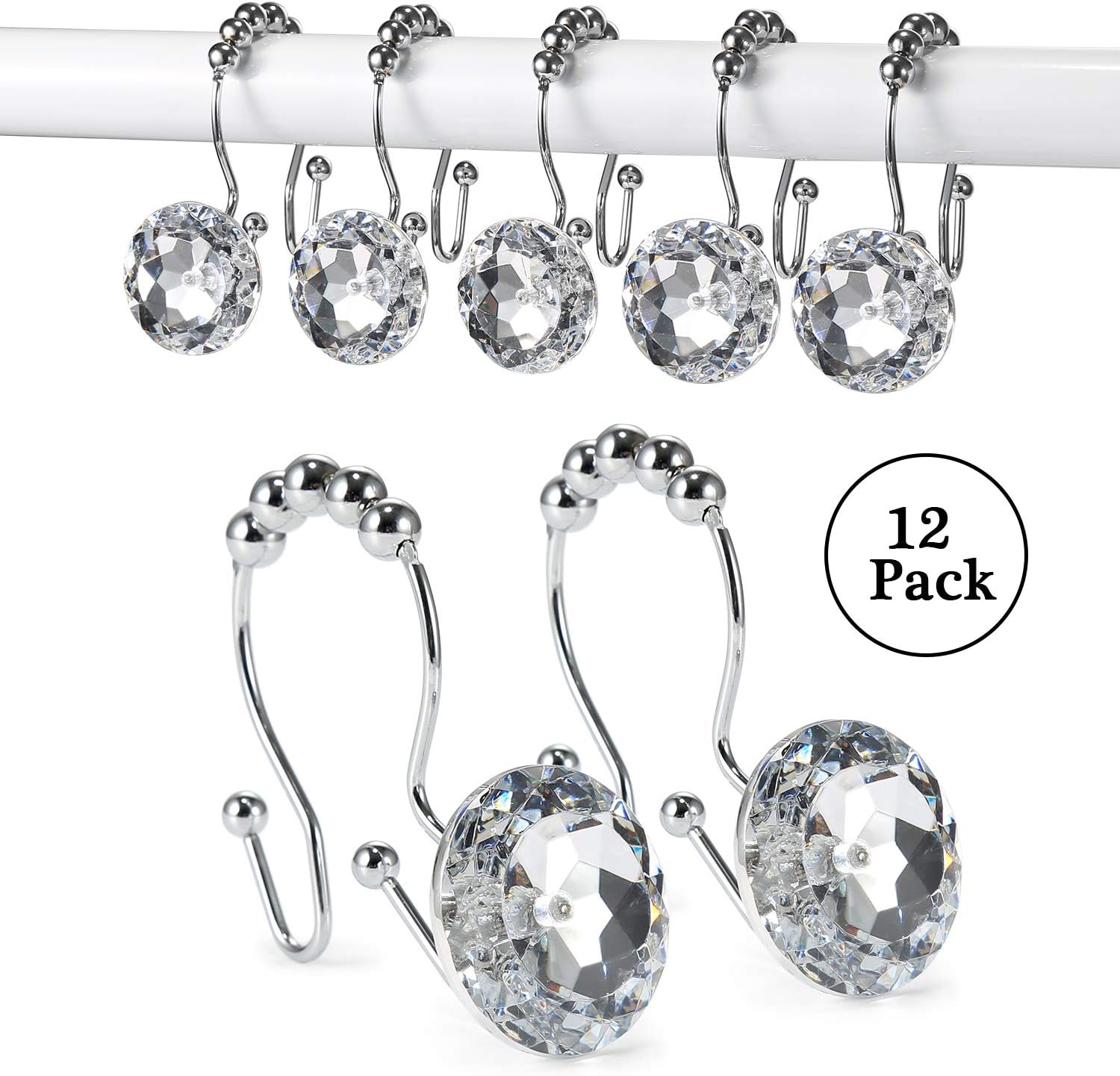 GoowinShower Curtain Hooks, 12 Pcs Crystal Shower Curtain Rings, Stainless Steel Rust Proof Double Shower Hooks for Curtains, Shower Curtain & Liner Decor (Crystal White)