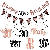 30th Birthday Decorations for Her, Black Rose Gold Happy 30th Birthday Banner Hanging Swirls Vintage 1996 Decorations Kit for Women Cheers to 30 Party Supplies