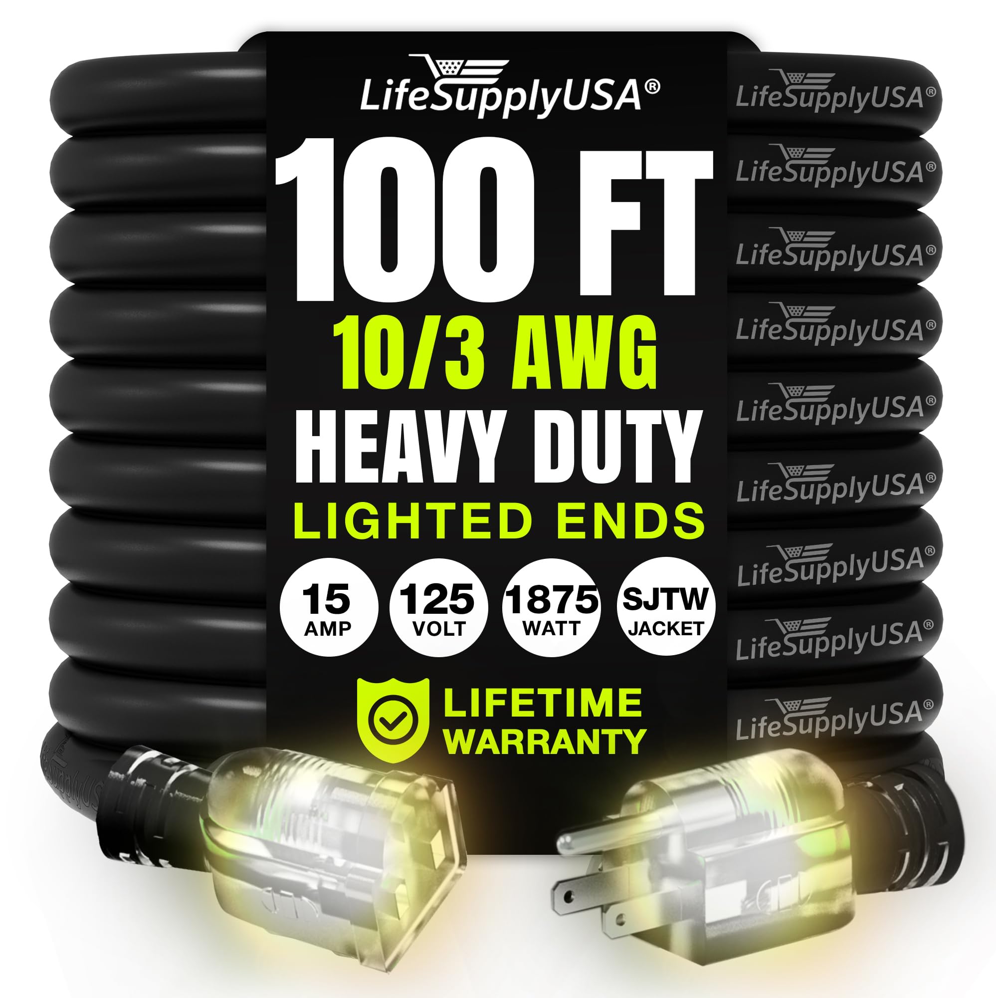 Photo 1 of 100ft Outdoor/Indoor Extension Cord 12/3 Gauge Extra Heavy Duty 3 Prong SJTW, Waterproof, Flexible Cold-Resistant Long Power Cord,15A 125V 1875W, Black by LifeSupplyUSA