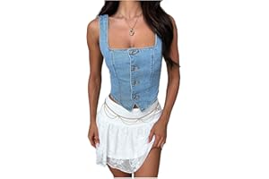 Michellecmm Women Y2K Button Down Denim Vest Summer Sleeveless Crop Top Jean Waistcoat Vest Corset Bustier Streetwear
