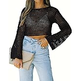 Womens Crochet Crop Top Long Sleeve See Through Hollow Out Mesh Knitted Beach Bikini Cover Ups
