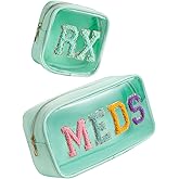 RSRSLEII 2Pcs Large Chenille Letter Clear Medicine Makeup Bag Set,Nylon PVC Waterproof Rx Meds Pouch with Metal Zipper, Cute Drug First Aid Travel Organizer for Women Girls(2pcs Mint)