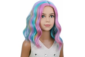 PATTNIUM Kids Child Rainbow Wig Short Wavy Colorful Wig Multicolor Wigs Girls Synthetic Cosplay Halloween Party Costume Wigs