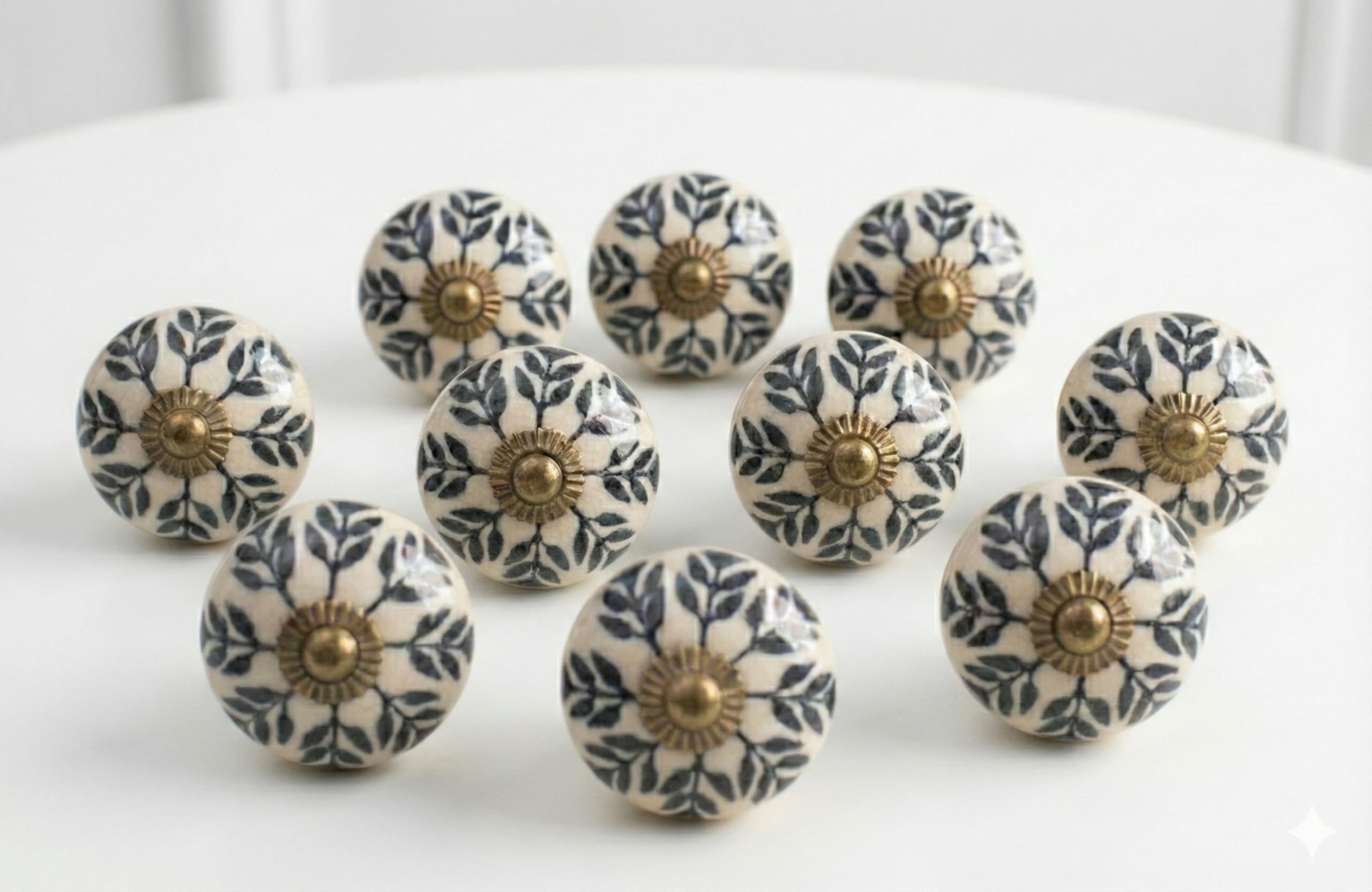 ARTISNO Ceramic Knobs for Cabinets - Set of 10 Decorative Off-White & Black Leaf Design Ceramic Knobs Handpainted Boho Home Kitchen Cabinet Drawer Knobs Elegant Wardrobe & Dresser Pulls (Matt Black) — image 1