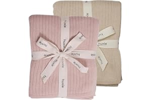 HUXIE Knitted Organic Cotton Baby Blanket- Swaddle Blanket, 30" x 40" Soft Receiving Blanket for Newborn 2-Pack (Fog and Blush)