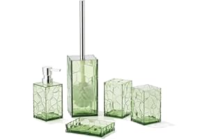 YAUKPH Clear Acrylic Bathroom Accessories Set - Durable, Rust-Free, Transparent Design - Includes Soap Dispenser, Toothbrush Holder, Cup, Soap Dish, and Toilet Brush 5-Piece (Saga Green)