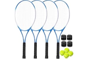 VercanMonth 4 Pack Tennis Rackets for Adults Recreational 4 Players Pre Strung 27 Inch Tennis Racquets Lightweight Rackets Bulk with Balls Overgrips for Training