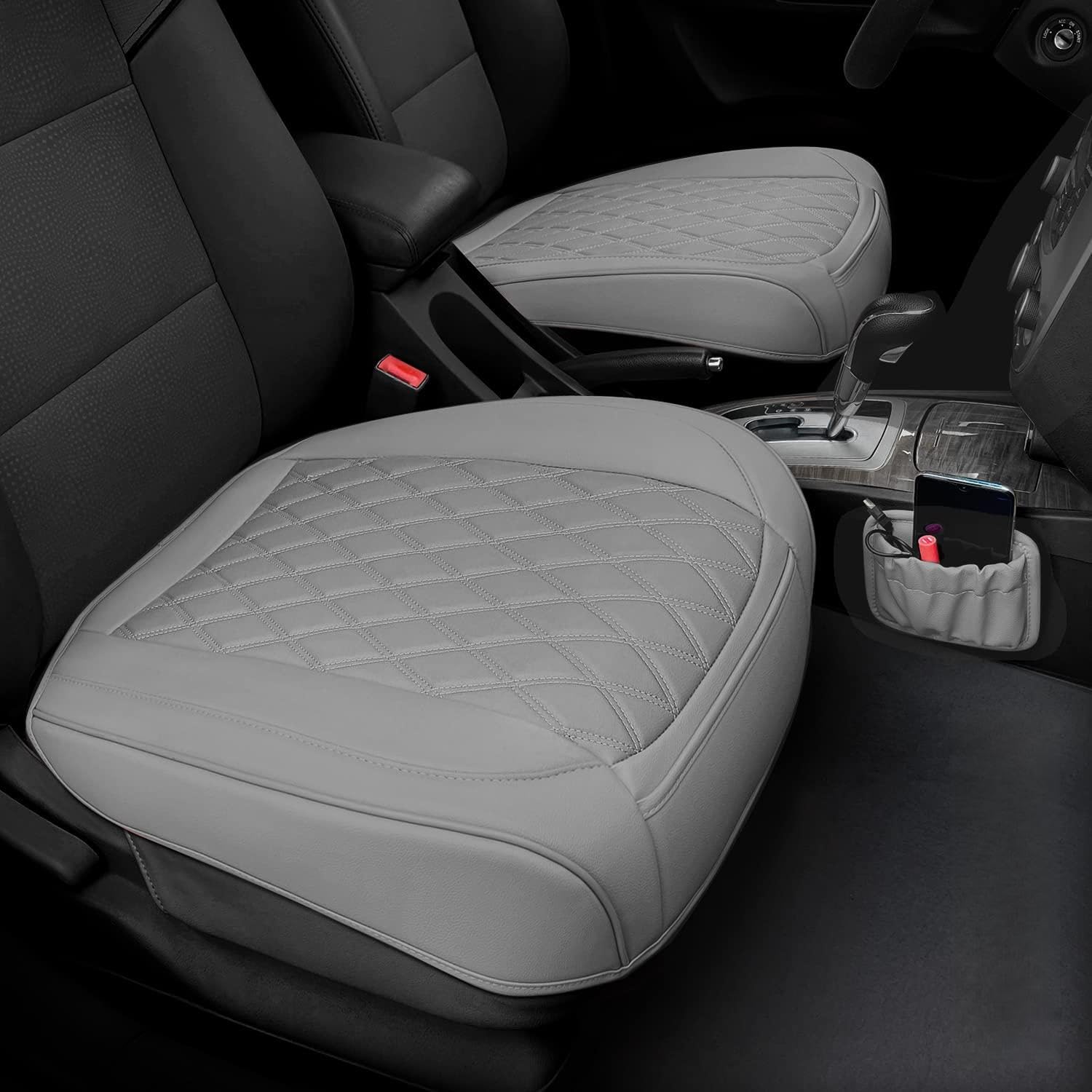 Photo 1 of 2 Pack PU Leather Front Car Seat Cover Bottom Car Seat, Anti-Slip and Full Wrap Driver Car Seat Protectors with Storage Pocket, Luxury Waterproof Bottom Auto Seat Cushion Pad for Most Vehicles(Gray)