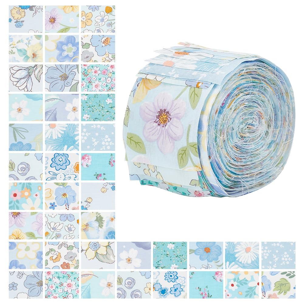 NBEADS 40Pcs Fabric Jelly Rolls, 100% Cotton Quilting Fabric 6.5x100cm Flower Pattern Fabrics Strips Precuts Quilt Strips for Blanket Upholstery Home Decor and Purse Making, Blue