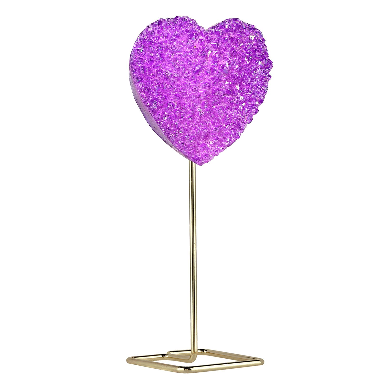 Nupuyai Love Heart Crystal Cluster Stone with Stainless Stand, Purple Titanium Coated Rock Quartz Geode Specimen for Reiki Healing Home Decor