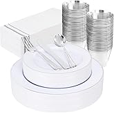 SUT 175 Piece Silver and White Plastic Dinnerware Set for 25 Guests, Disposable Plastic Plates, Include: 25 Dinner Plates, 25 Dessert Plates, 25 Pre Rolled Napkins with Silver Silverware, 25 Cups