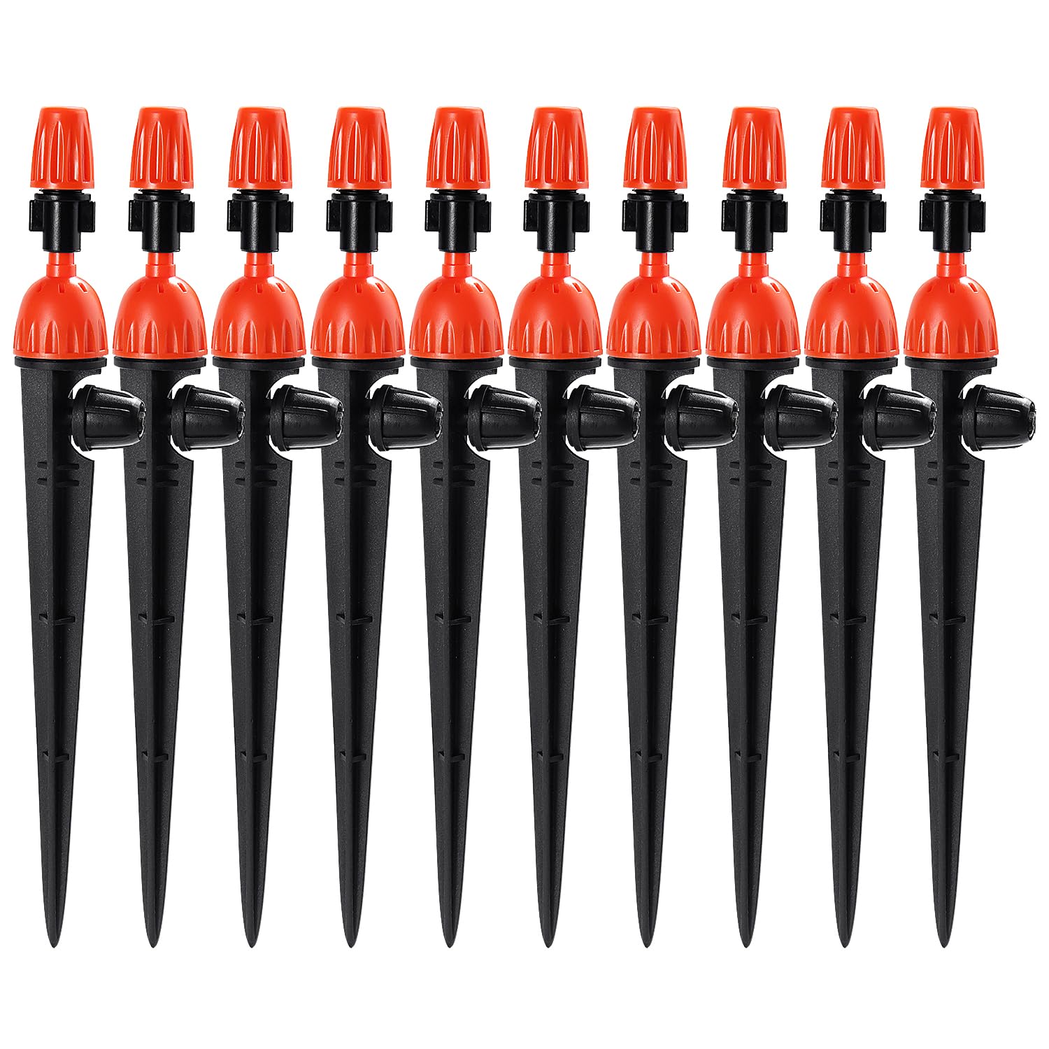VooGenzek 10 PCS Adjustable Drip Emitters Water Irrigation Drippers Kit, 2 In 1 Atomizer & 8-hole Dripper, 360 Degree Water Flow, Black and Orange Plastic, 4/7 mm Tubing Size