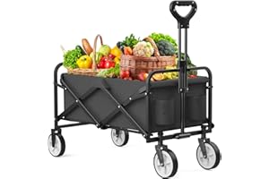 HOMGIM Folding Wagon, Collapsible Beach Wagon Cart,Foldable Grocery with Side Pocket, Large Capacity Heavy Duty Portable Wagon for Camping, Sports, Shopping, Garden and Beach (Black)
