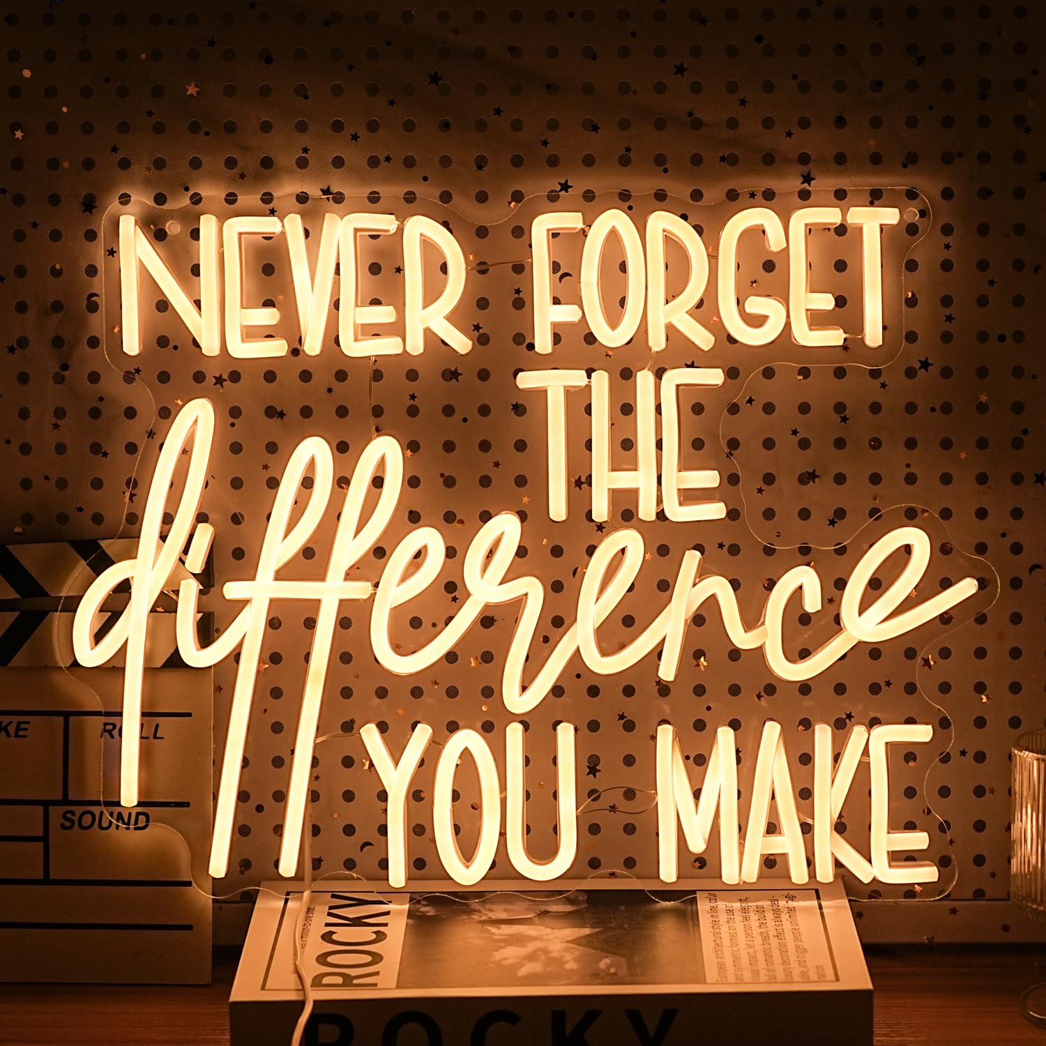 Photo 1 of LIUOZHTEA Never Forget The Difference You Make Neon Sign Cool Dimmable Led Letters Light Up Sign USB Powered Warm White Neon Light for Bedroom Study Room Bar Shop Man Cave(16.5 * 12.6In)