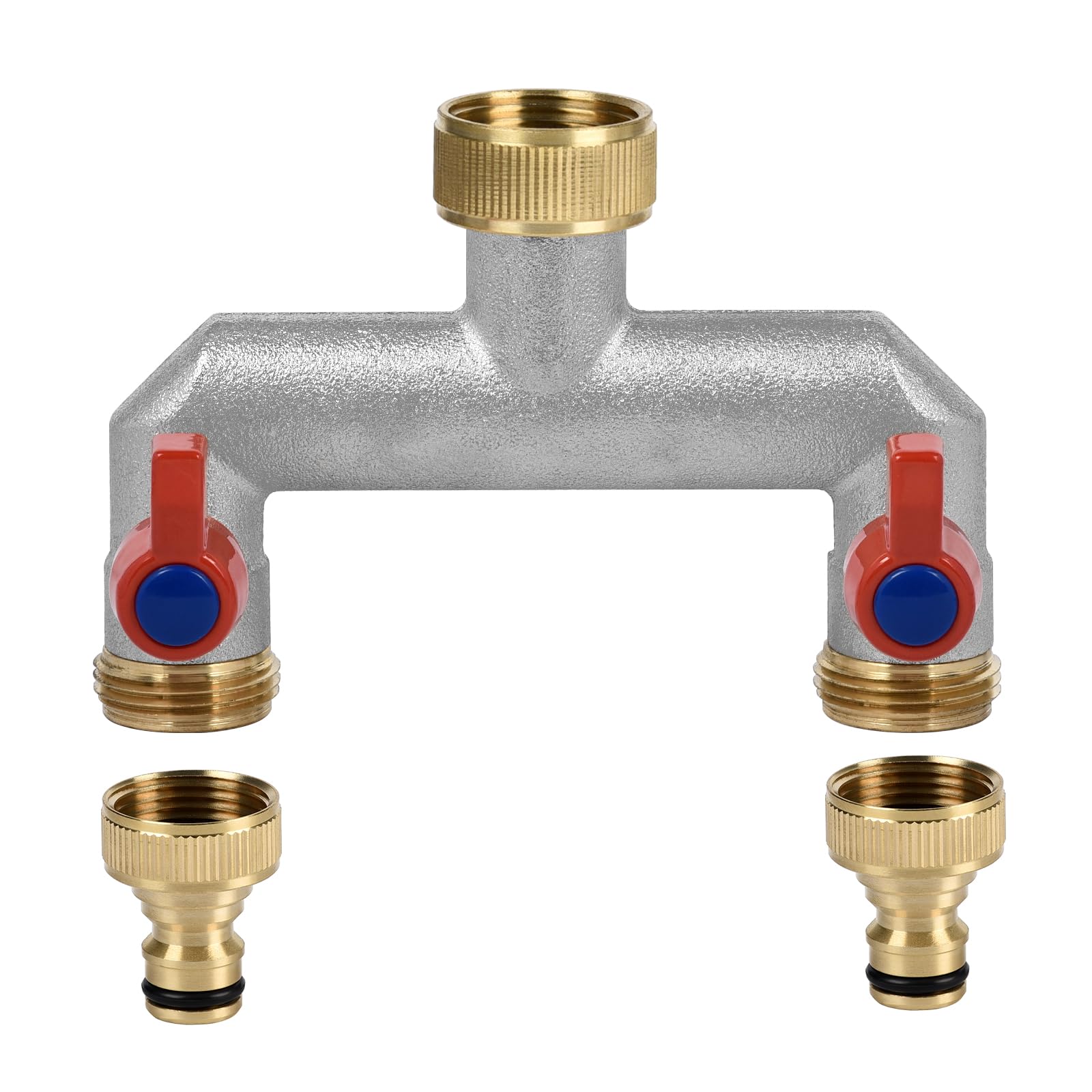3/4 Inch 2 Way Brass Tap Splitter, Hose Tap Splitter Connection with 2 Individual Valves On/Off and Two Quick Connector for Garden Kitchen Faucet Watering System