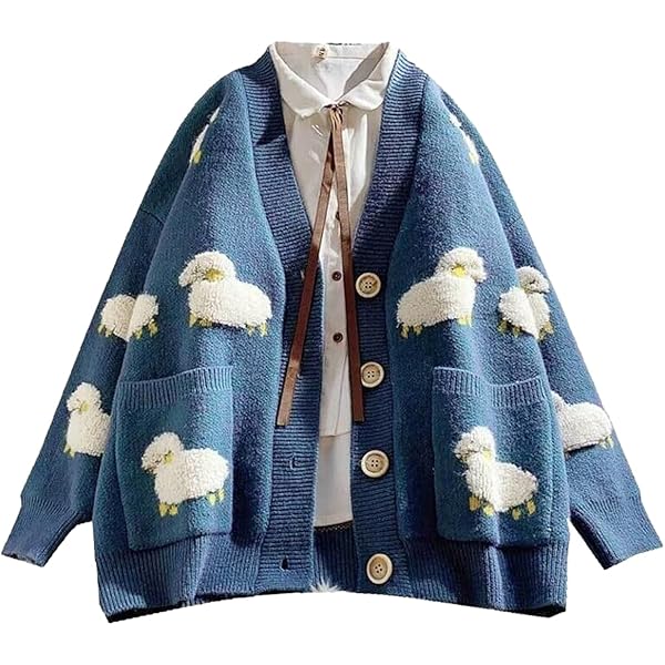 Women Long Sleeve Knit Loose Cardigan Cartoon Sheep V-Neck Button