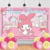 My Cute Melody Birthday Decorations,Cute Melody Backdrops for Party Decorations Supplies, Happy Birthday Banner Backdrop for Party Supplies (5x3ft)