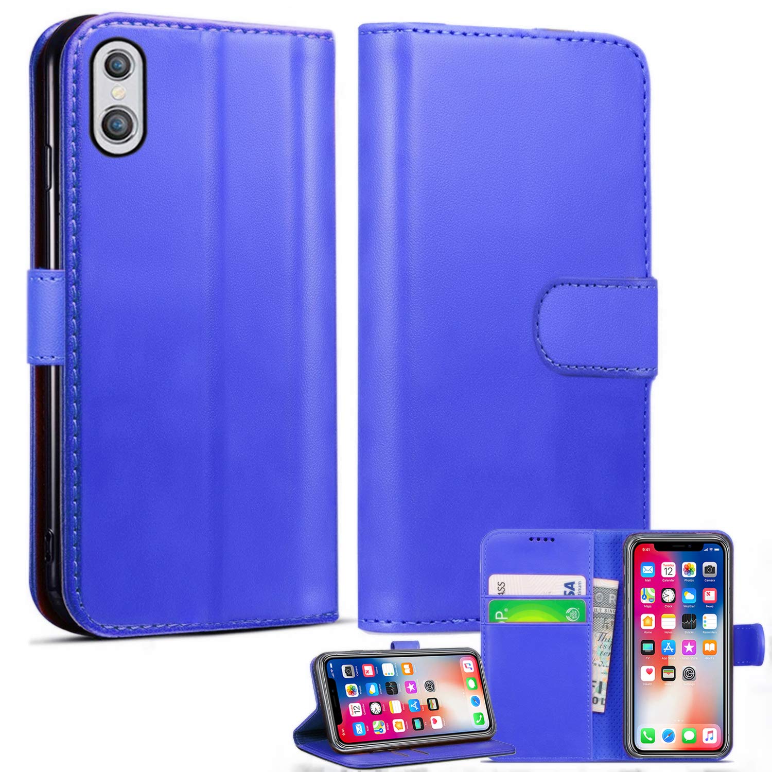 Mobile Stuff iPhone XS Max Leather Wallet Case - Folio Flip Book Cover with Magnetic Clasp Closure - Adjustable Viewing Stand (iPhone XS Max, Blue)