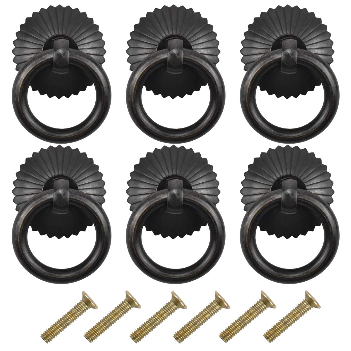 Fodlon 6pcs Antique Drawer Handles, Retro Drawer Ring knobs, Kitchen Cabinet Cupboard Door Ring Pull Handle, Vintage Copper Furniture Handle Decoration with Screw for Kitchen Bathroom (Black)