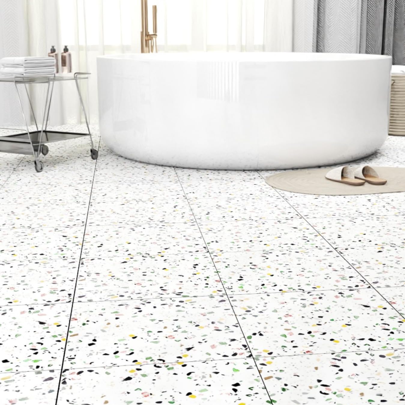 Photo 1 of 40-Pack 40 Sq.Ft Peel and Stick Floor Tiles Vinyl Matte Pattern Flooring, 12” x 12” Self Adhesive Vinyl Flooring DIY for Kitchen, Bathroom, Laundry, White Terrazzo Marble