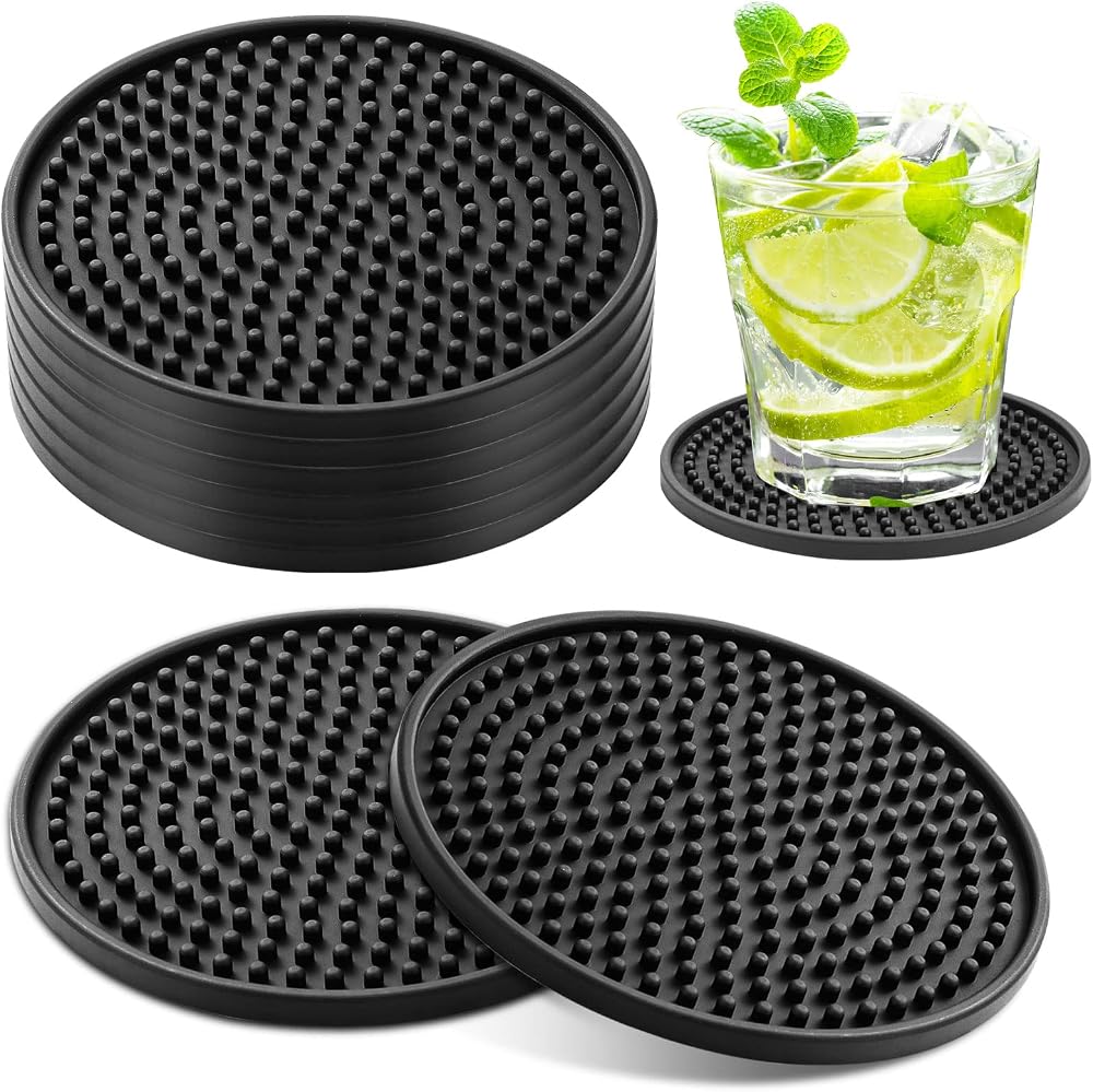 Yafe 8Pcs Black Coasters Thick Silicone 0.2in 10x10cm Non-Slip Round Set