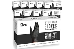 Klex Nitrile Exam Gloves - Medical Grade, Powder & Latex Free, Food Safe, Black, 100, 1000 Count, S, M, L, XL