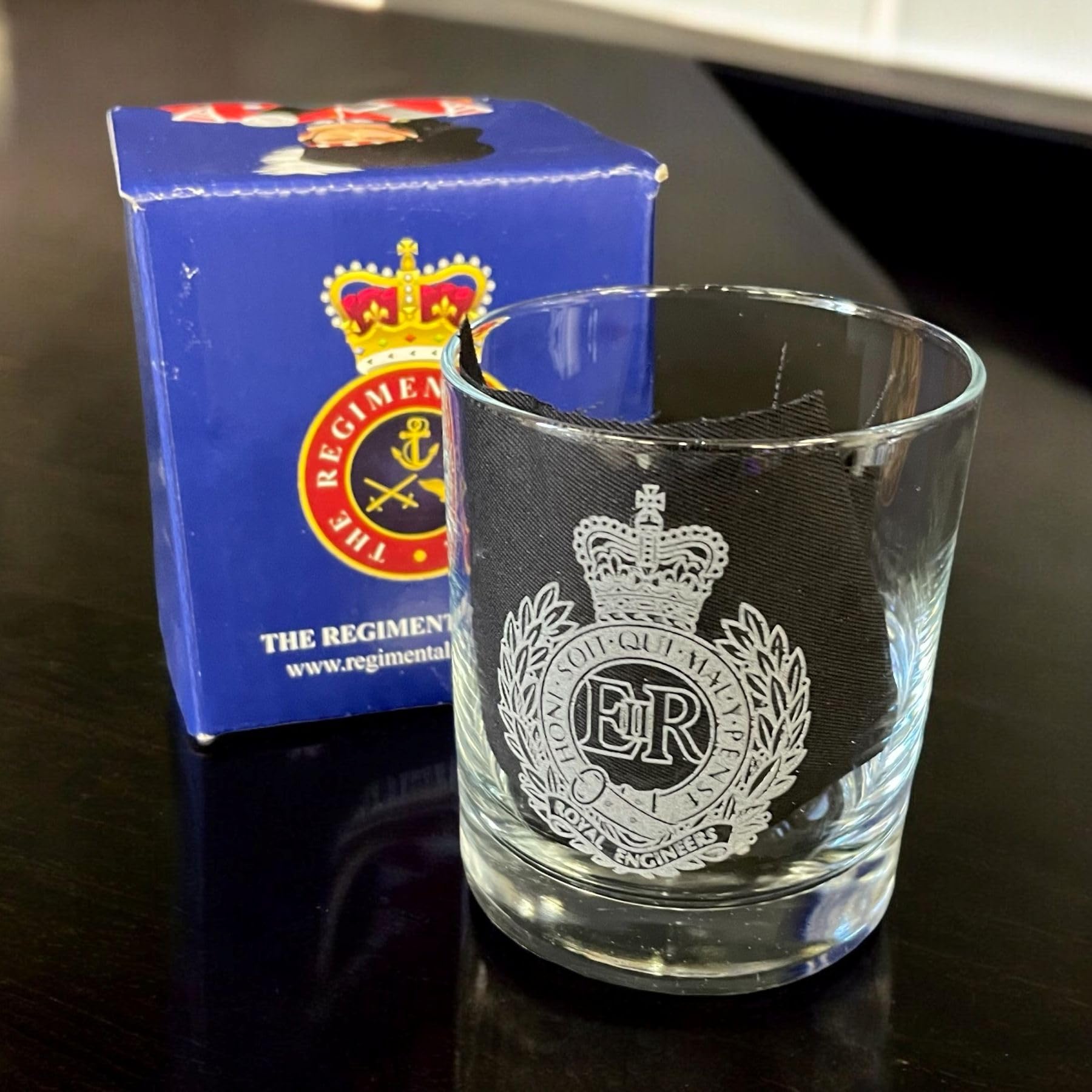 The Royal Engineers Regiment 10oz Engraved Tumbler Glass with Sappers Cap Badge.