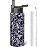 Halloween Goth Skull 18oz Water Bottles with Flip Straw & Spout Lid, Gothic Floral Stainless Steel Travel Sport Water Bottle, Holiday Gifts for Women Girls (1 PC)