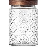 PENGSHU Vintage Glass Jar with Wood Lid - Christmas Airtight Canisters for Kitchen Countertop Bathroom, Storage Candy, Cookie, Coffee, Apothecary, Sugar, Flour,Pet Treat (Begonia, 24oz/700ml)