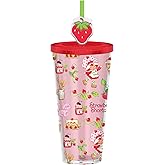 Silver Buffalo Strawberry Shortcake Plastic Cold Cup with Lid and Straw Topper Featuring Strawberry Shortcake and Custard, 24 Ounces