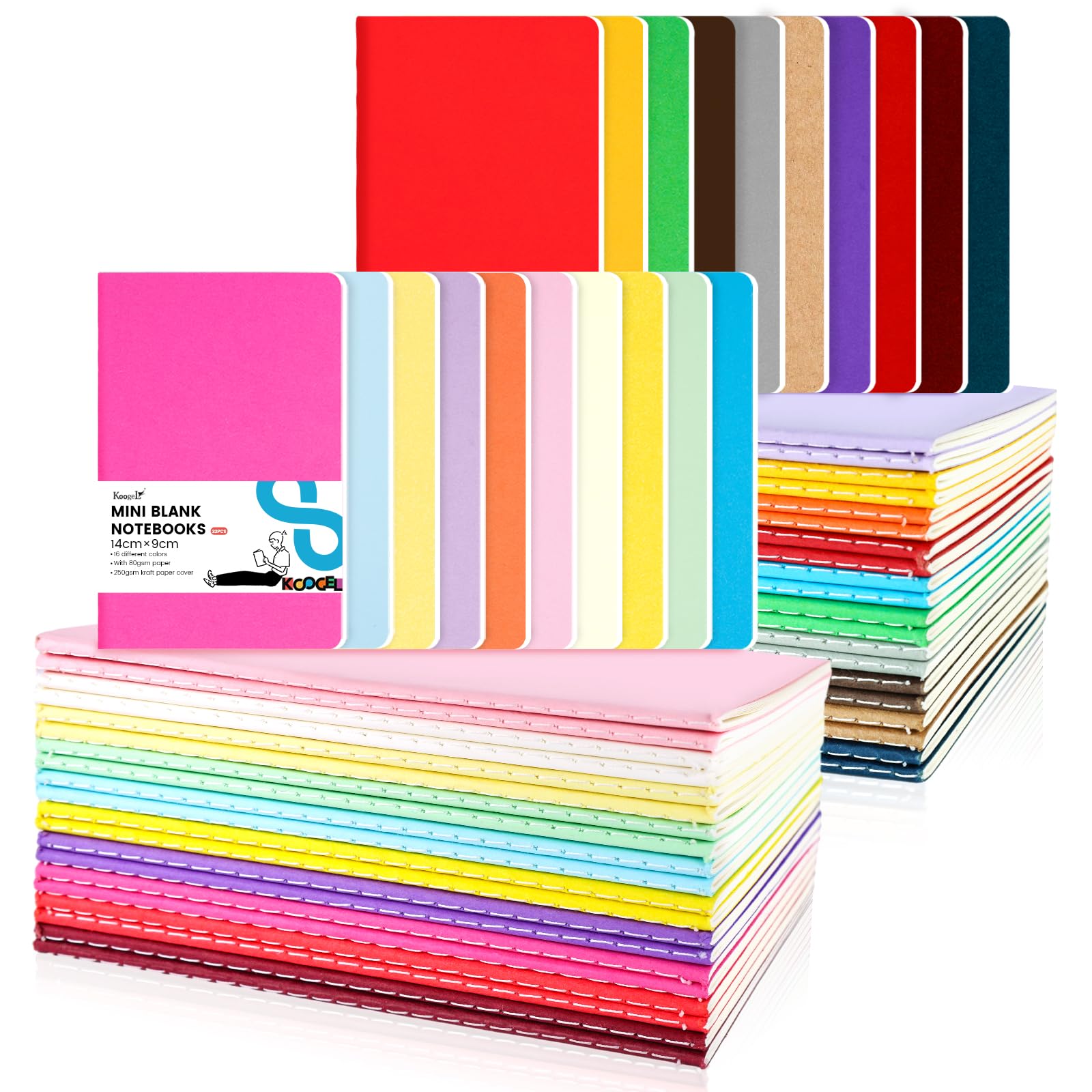 Koogel 32Pcs Mini Notebook, 48 Pages Each, 14x9cm Pocket Notebooks, Rainbow Colours, Perfect for Party Bag Fillers, Students, Daily Memos, Travel Journaling & Quick Notes