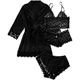 Hellomamma Silk Pajama Sets for Women: Satin Sexy Lingerie 4 Piece Sleepwear Cami Lace Pjs Set with Robes