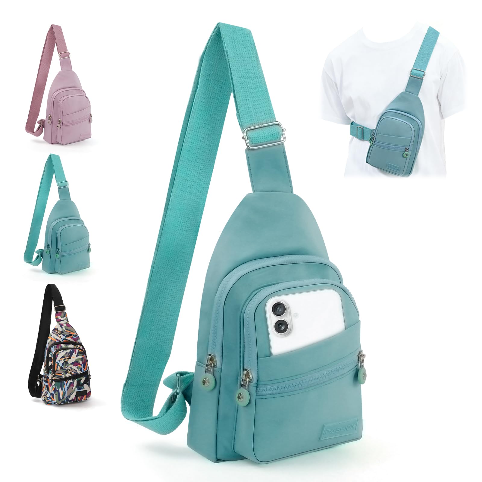 MOAMUN Small Sling Bag Women Men, Waterproof Nylon Anti Theft Cross body Bag Women, Durable Multi-Functional Chest Bags with Earphone Hole, Lightweight Shoulder Bags for Travel Cycling Sport (Green)