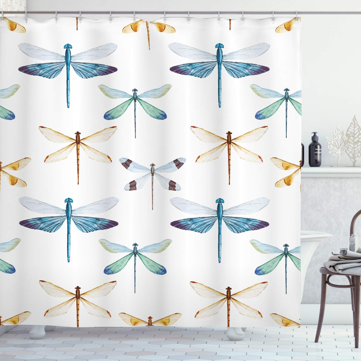 ABAKUHAUS Dragonfly Shower Curtain, Group of Regularly Dragonfly Pattern Short Lives Composition of Bugs, Cloth Fabric Bathroom Decor Set with Hooks, 175 x 240 cm, Orange Blue