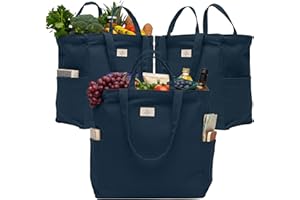 Nook Theory 3 Pcs Reusable Grocery Bags - Heavy Duty Canvas Bags, Large Reusable Shopping Bag, Picnic, 100% Cotton (Deep Blue